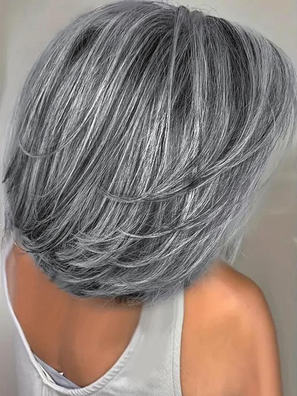 14 Inch Gray Short Bob Wigs for Women, Natural Looking Gorgeous Fluffy Wigs with Curtain Bangs, Synthetic Full Machine Wigs for Party Photography, Daily Use