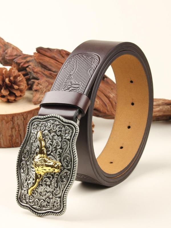 Western Style Bull Head Decorated Belt, Vintage Animal Embossed Belt for Men & Women, Fashion Belt for Party, Daily Clothing Decor, Trendy All-match & Exquisite Belt for Birthday Gift