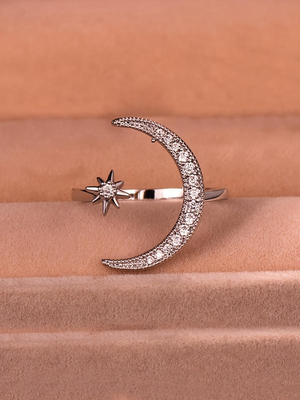 Women's Elegant Rhinestone Decorated Moon & Star Design Ring, Exquisite Trendy Ring for Daily Use, Fashionable Jewelry for Women As Gift for Fall 2024