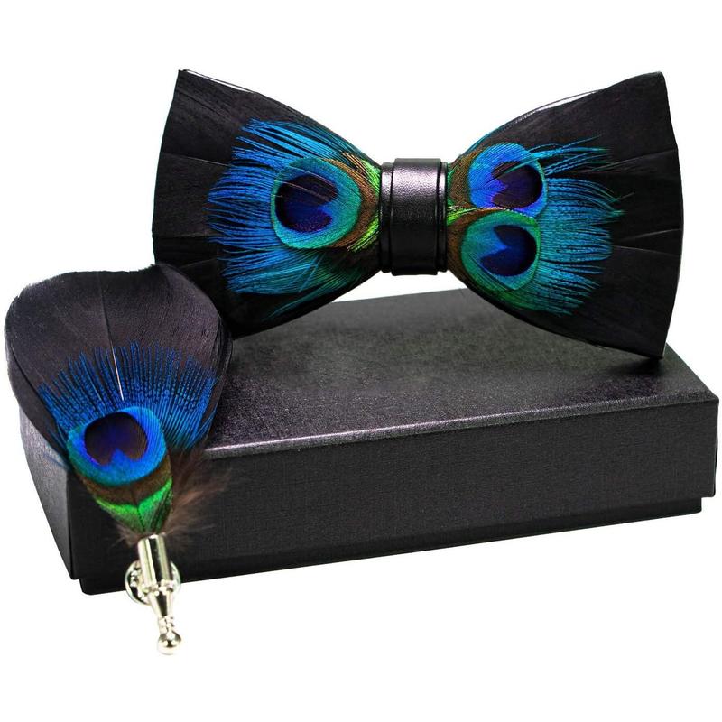 Handmade Feather Pre-tied Bow tie and Brooch Sets for Men Suitable Gifts for Friends