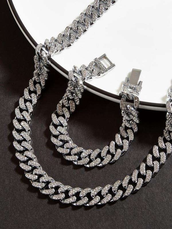 Punk Hip Hop Amazing Jewelry Set for Party, Luxury Jewelry, Rhinestone Cuban Necklace & Matching Link Bracelet for Men & Women, Daily Clothing Decor for Girl & Boys, Bling Necklace, Iced Out Jewelry Set