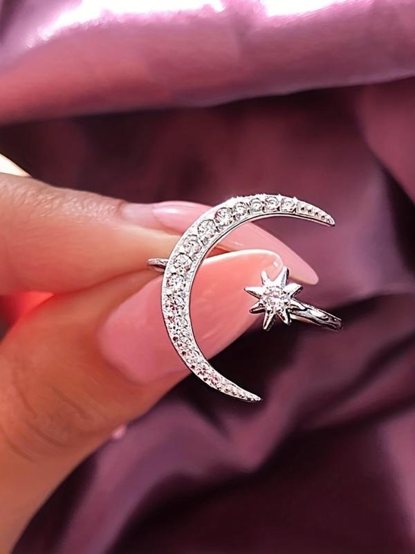 Women's Elegant Rhinestone Decorated Moon & Star Design Ring, Exquisite Trendy Ring for Daily Use, Fashionable Jewelry for Women As Gift for Fall 2024