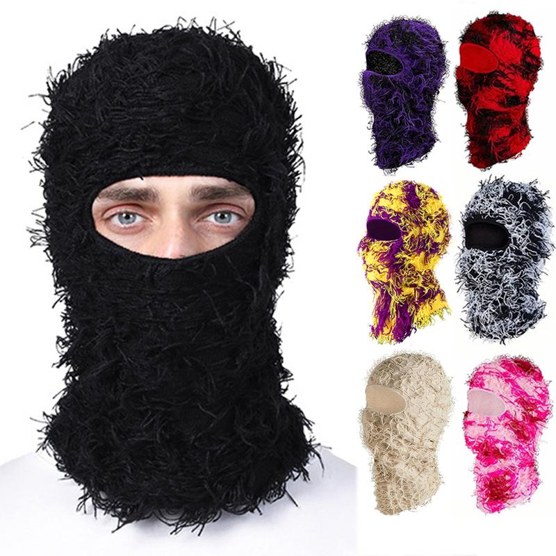 Distressed Balaclava Mask, Full Face Cover Windproof Thermal Ski Mask, Outdoor Halloween Style Knit Headgear