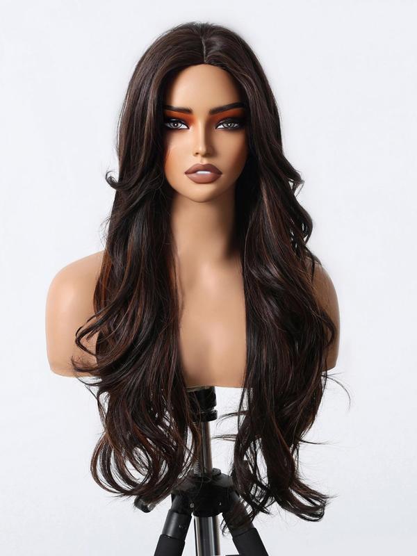 26 Inch Brown Highlight Long Wavy Wigs for Women, Gorgeous Fluffy Wigs without Bangs, Synthetic Full Machine Wigs for Party, Daily Use