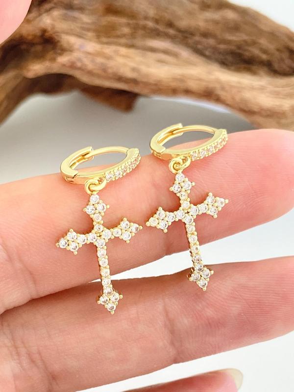 Women's Elegant Rhinestone Decor Cross Design Dangle Earrings, 1 Pair Trendy Glittering Dangle Earrings, Luxury Jewelry for Daily & Party Decor