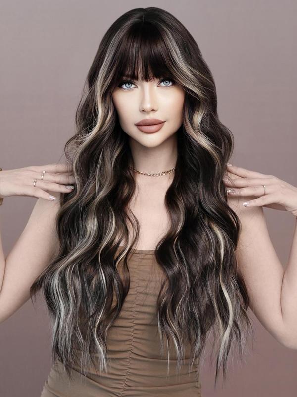 Summer 2024 Ombre Long Wavy Wigs for Women, Gorgeous Fluffy Wigs with Bangs, Synthetic Full Machine Wigs for Party Streetwear, Daily Use, Fall Outfits, Fall Freshness