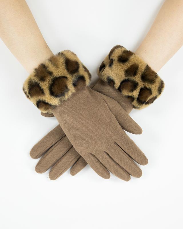 Women's Faux Fur Leopard Cuff Suede Gloves