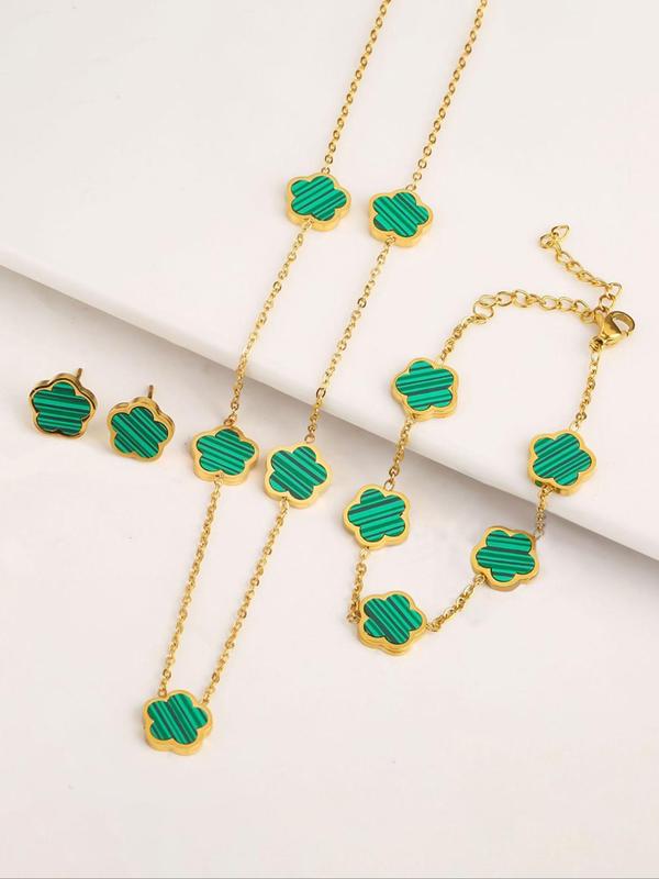 Flower Design Jewelry Set, Elegant Necklace & Bracelet & Stud Earrings, 2024 New Style Fashion Jewelry Accessories for Women As Gift Dainty Gift for Your Love