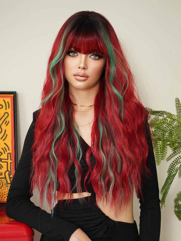 Summer 2024 Ombre Long Wavy Wigs for Women, Gorgeous Fluffy Wigs with Bangs, Synthetic Full Machine Wigs for Party Streetwear, Daily Use, Fall Outfits, Fall Freshness