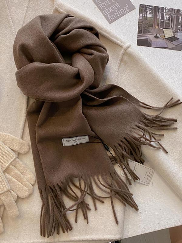 Women's Solid Color Tassel Decor Scarf, Casual Soft Warm Shawl for Fall & Winter, Fashion Accessories for Daily Wear