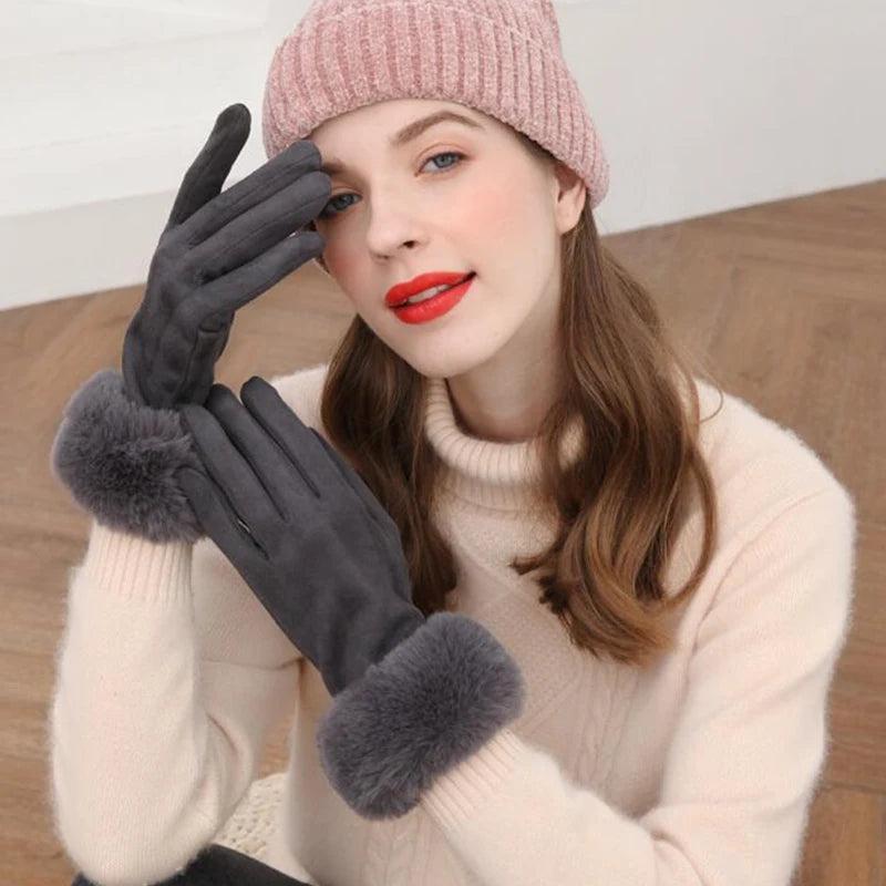 Fashion Women Winter Warm Suede Leather Touch Screen Glove Female Faux