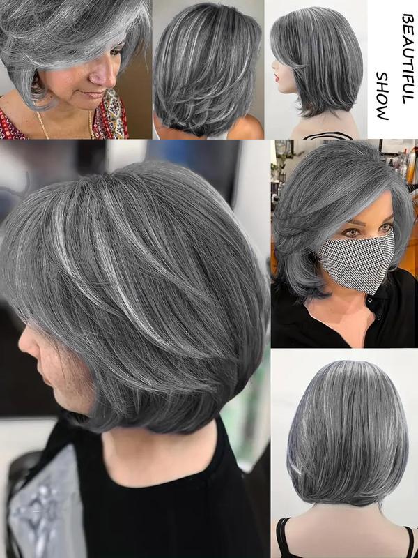 14 Inch Gray Short Bob Wigs for Women, Natural Looking Gorgeous Fluffy Wigs with Curtain Bangs, Synthetic Full Machine Wigs for Party Photography, Daily Use