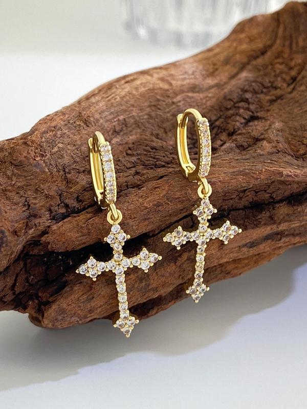 Women's Elegant Rhinestone Decor Cross Design Dangle Earrings, 1 Pair Trendy Glittering Dangle Earrings, Luxury Jewelry for Daily & Party Decor