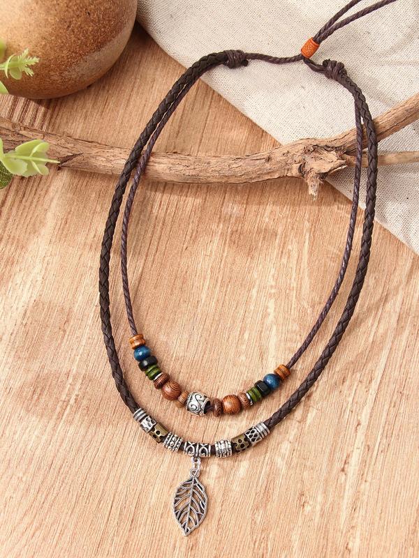 Women's Boho Style Leaf Design Pendant Necklace, Trendy Vintage Beads Decor Adjustable Pull-out Pendant Necklace, Chic Gorgeous Jewelry As Gift for Girlfriend