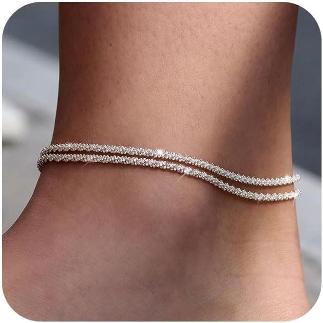 Sterling Silver Ankle Bracelets Women: Dainty Layered Waterproof Anklet Women Adjustable Womens Anklet Set Stackable Figaro Beaded Cuban Link Anklets Beach Jewelry Women