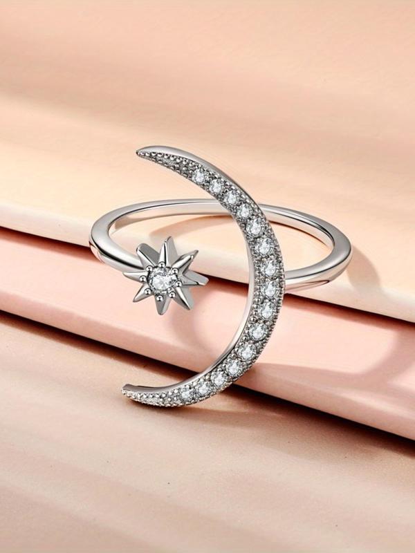 Women's Elegant Rhinestone Decorated Moon & Star Design Ring, Exquisite Trendy Ring for Daily Use, Fashionable Jewelry for Women As Gift for Fall 2024