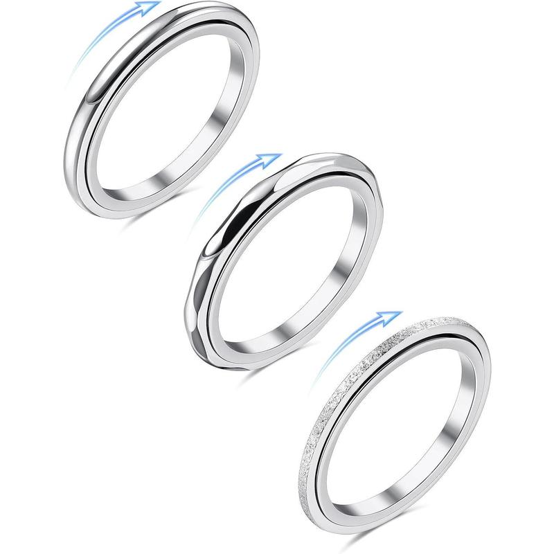 FLORIDECO 3Pcs Stainless Steel Rings Set Fidget Ring Womens Rings Anxiety Rings Anti Stress Ring Band Rings Thumb Rings Silver Rings for Women Spinner Ring Fidget Ring for Anxiety Women Men Daily