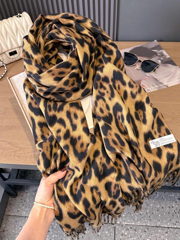 Women's Leopard Print Tassel Decor Scarf, Casual Soft Warm Shawl for Fall & Winter, Fashion Accessories for Daily Wear