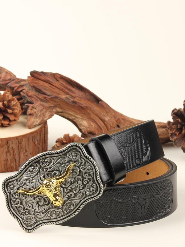 Western Style Bull Head Decorated Belt, Vintage Animal Embossed Belt for Men & Women, Fashion Belt for Party, Daily Clothing Decor, Trendy All-match & Exquisite Belt for Birthday Gift