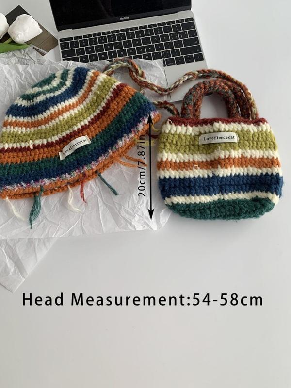 Striped Pattern Crochet Hat & Bag Set, Casual Knitted Beanie Hat & Bag, Warm Hat & Bag Set for Fall & Winter