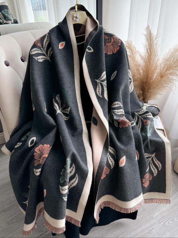 Women's Boho Style Floral & Leaf Print Tassel Decor Shawl, Casual Warm Thick Double Sided Scarf for Fall & Winter, Fashion Accessories for Women & Girls