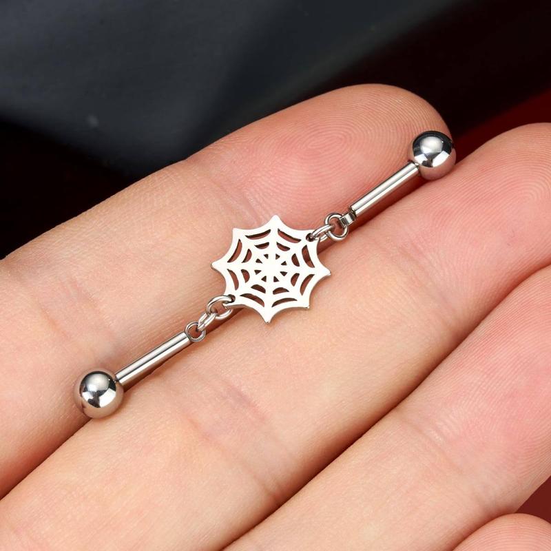 Oufer Halloween 14G Vintage Moth Spider Moon Phase Moth Spider Web Industrial Barbell Cartilage Piercing Ring Bar Length 35mm