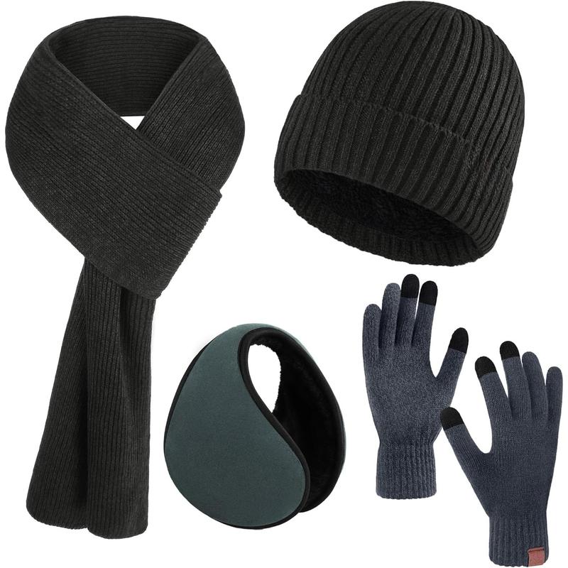 Winter Beanie Hat Set for Men 4 Pieces Knit Glove Scarf Beanie Hat Earmuffs Set for Men Women