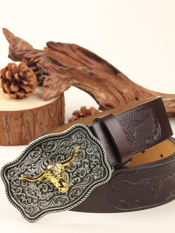 Western Style Bull Head Decorated Belt, Vintage Animal Embossed Belt for Men & Women, Fashion Belt for Party, Daily Clothing Decor, Trendy All-match & Exquisite Belt for Birthday Gift