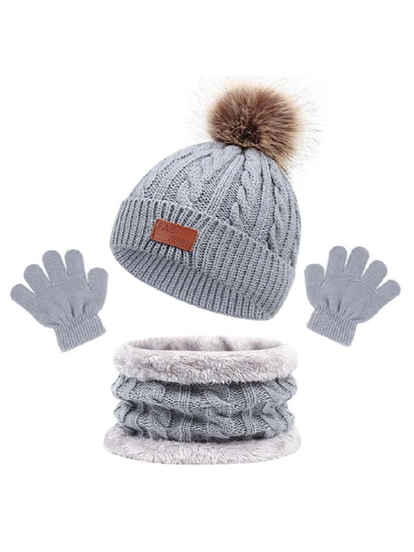 Cute Beanie Hat & Scarf & Gloves Set, Casual Contrast Faux Fur Label Patched Thickened Warm Hat & Scarf & Gloves for Fall & Winter, Fashion Accessories for Women & Men