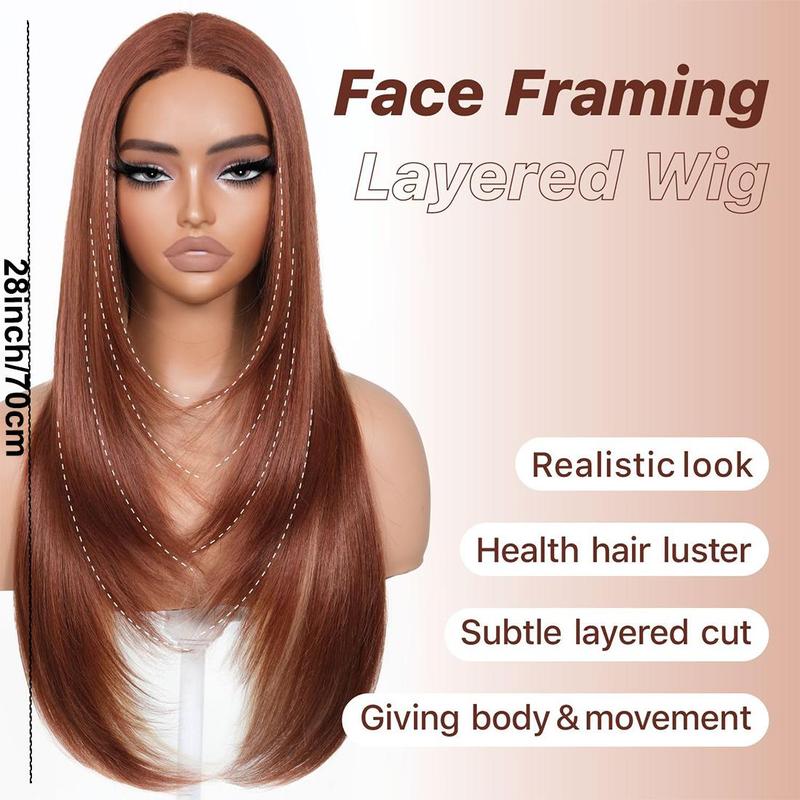 26 Inch Long Layered Straight Wigs for Women, Soft Ginger Highlights Wigs with Blunt Bangs, Synthetic Lace Front Wigs for Party, Daily Use Hairstyle, Christmas Gift