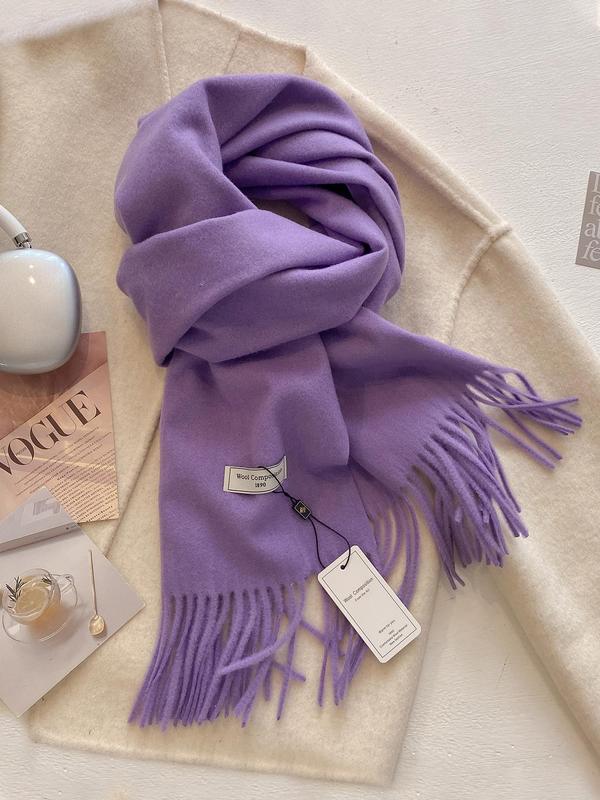 Women's Solid Color Tassel Decor Scarf, Casual Soft Warm Shawl for Fall & Winter, Fashion Accessories for Daily Wear