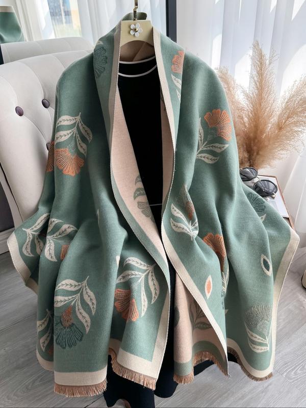 Women's Boho Style Floral & Leaf Print Tassel Decor Shawl, Casual Warm Thick Double Sided Scarf for Fall & Winter, Fashion Accessories for Women & Girls