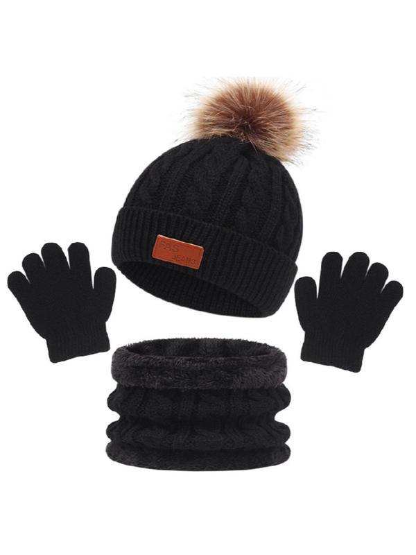 Cute Beanie Hat & Scarf & Gloves Set, Casual Contrast Faux Fur Label Patched Thickened Warm Hat & Scarf & Gloves for Fall & Winter, Fashion Accessories for Women & Men