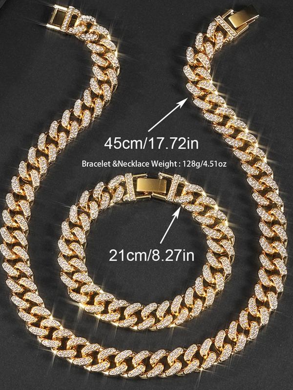 Punk Hip Hop Amazing Jewelry Set for Party, Luxury Jewelry, Rhinestone Cuban Necklace & Matching Link Bracelet for Men & Women, Daily Clothing Decor for Girl & Boys, Bling Necklace, Iced Out Jewelry Set