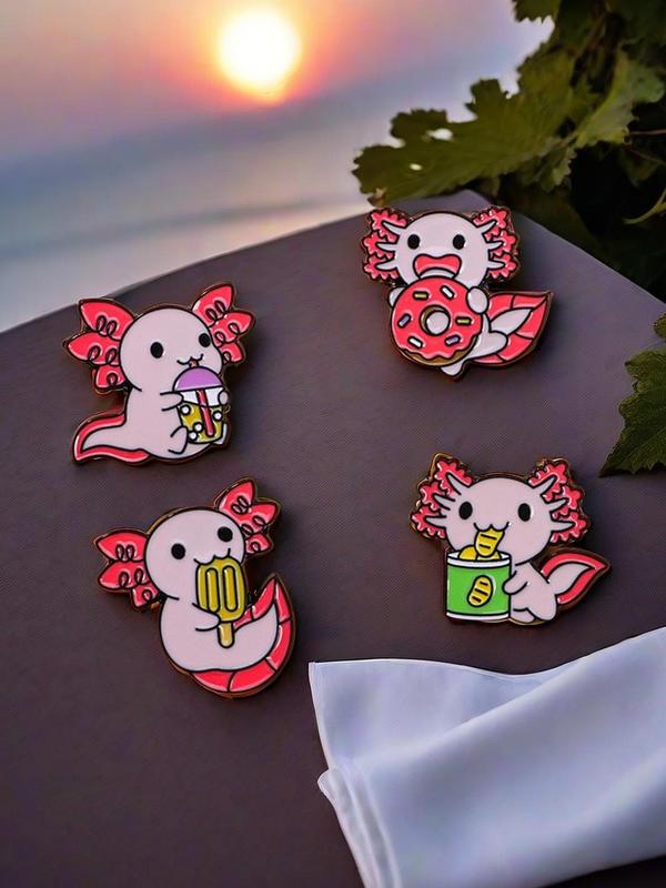 Cute Cartoon Salamander Design Brooch (4pcs), Cartoon Marine Life Themed Brooch, Fashion Accessories for Men & Women，perfect for Students