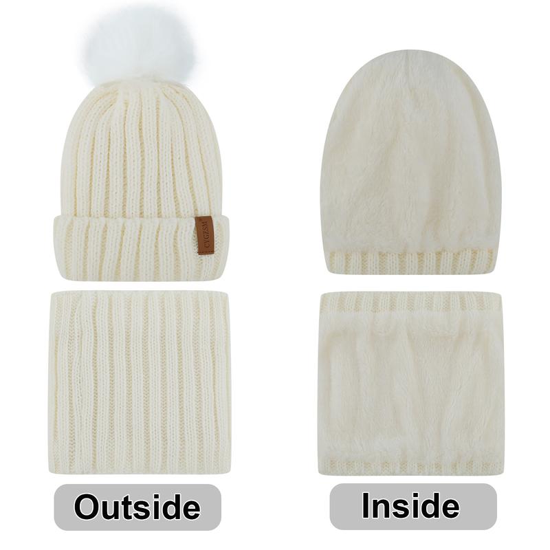 Womens Winter Beanie Hat Knitted Beanie Hat scarf gloves，Winter Clothing outdoor sports Warm Soft Ski Cuff Cap with Pom Pom，Winter warm suit