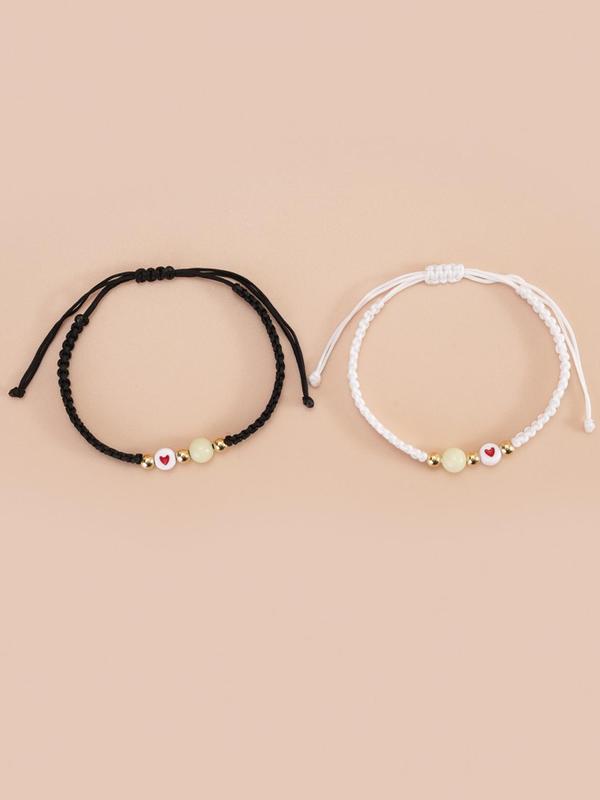 2pcs set Couple Cute Heart Detail Luminous Beaded Braid Design Matching Bracelet, Gift for Girlfriend, Fashion All-match New Trendy Couple Bracelet Kit, Trendy Accessories for Party, Daily Clothing Decor