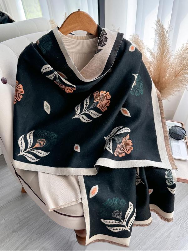 Women's Boho Style Floral & Leaf Print Tassel Decor Shawl, Casual Warm Thick Double Sided Scarf for Fall & Winter, Fashion Accessories for Women & Girls