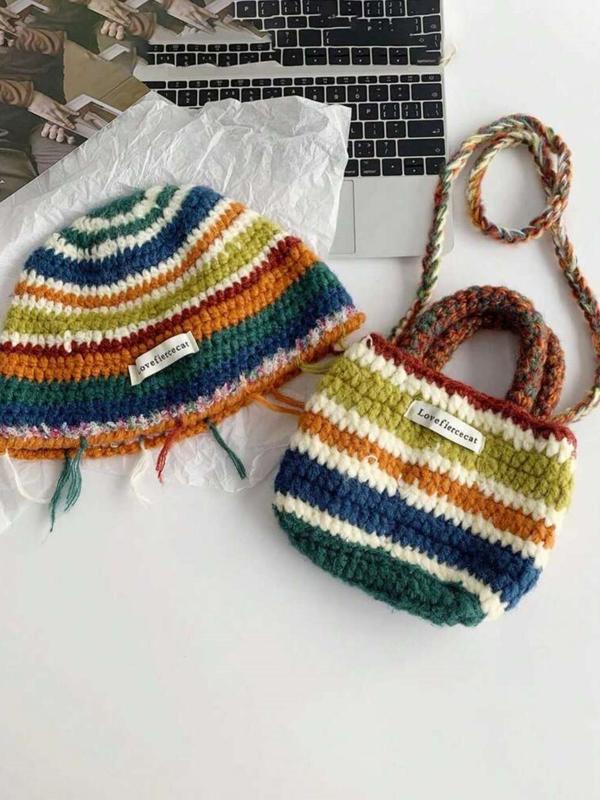 Striped Pattern Crochet Hat & Bag Set, Casual Knitted Beanie Hat & Bag, Warm Hat & Bag Set for Fall & Winter