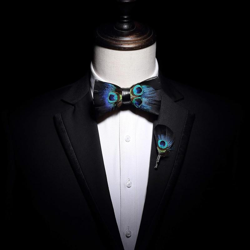 Handmade Feather Pre-tied Bow tie and Brooch Sets for Men Suitable Gifts for Friends