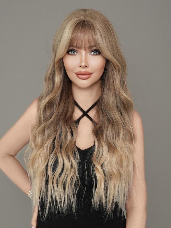 Summer 2024 Ombre Long Wavy Wigs for Women, Gorgeous Fluffy Wigs with Bangs, Synthetic Full Machine Wigs for Party Streetwear, Daily Use, Fall Outfits, Fall Freshness