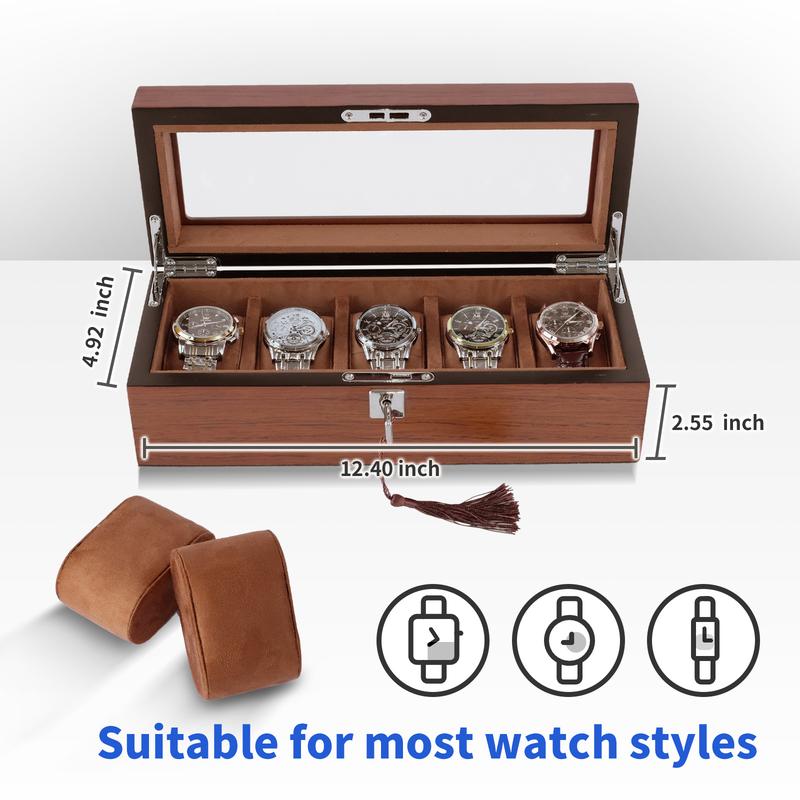 Wood Watch Box for Men, 5-Slot Watch Case with Glass Lid