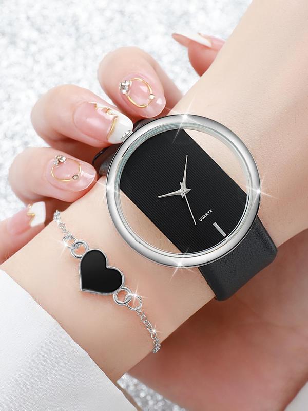 Elegant Round Dial Wristwatch & Heart Charm Bracelet, Trendy All-match Transparent Watch & Chain Bracelet, Fashionable Watch Set As Gift for Girlfriend without Box