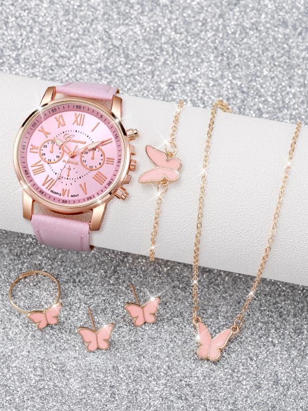 Women's Fashion Round Dial Pu Leather Strap Analog Quartz Watch (6pcs), with Butterfly Design Jewelry Set, without Box, Trendy All-match & Exquisite Watch for Birthday Gift