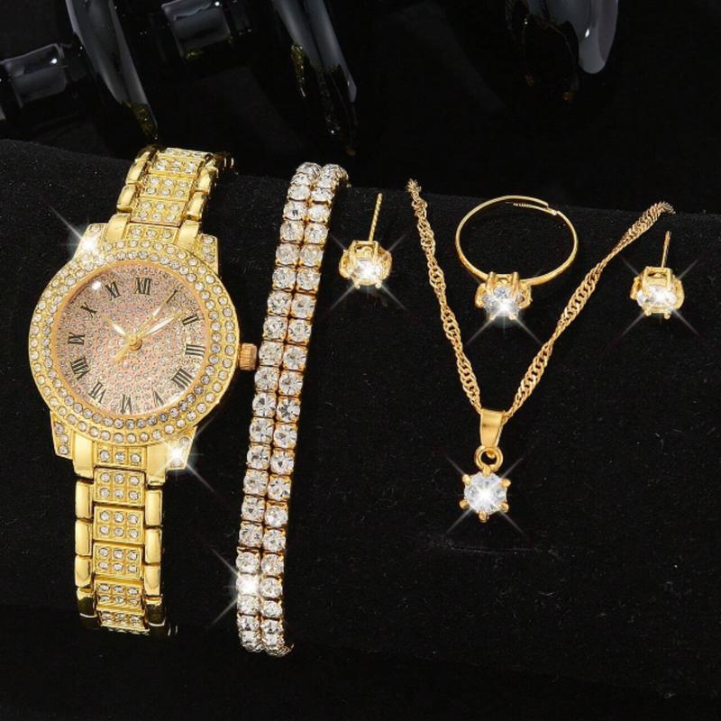 7pcs Ladies Watch  Watch Rhinestone Decorated Women's Quartz Alloy Steel Strap Watch, Business Casual Style With Roman Numeral Display, Comes With Matching Bracelet, Necklace, Ring, Earrings