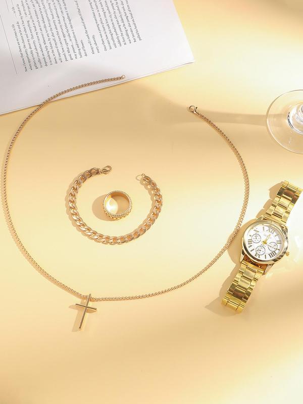 Women's Elegant Fashion Watch & Jewelry Set, Including Quartz Watch & Ring & Cross Pendant Necklace & Chain Bracelet, Trendy All-match & Exquisite Watch Set for Birthday Gift