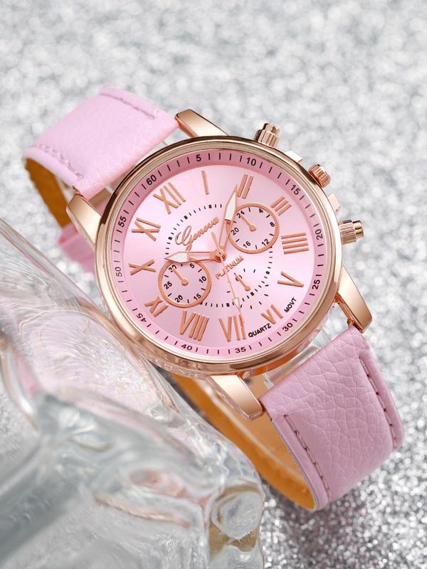 Women's Fashion Round Dial Pu Leather Strap Analog Quartz Watch (6pcs), with Butterfly Design Jewelry Set, without Box, Trendy All-match & Exquisite Watch for Birthday Gift