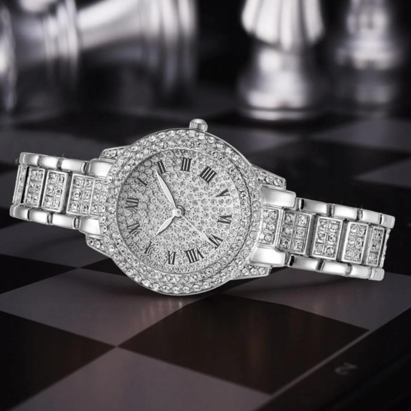 7pcs Ladies Watch  Watch Rhinestone Decorated Women's Quartz Alloy Steel Strap Watch, Business Casual Style With Roman Numeral Display, Comes With Matching Bracelet, Necklace, Ring, Earrings