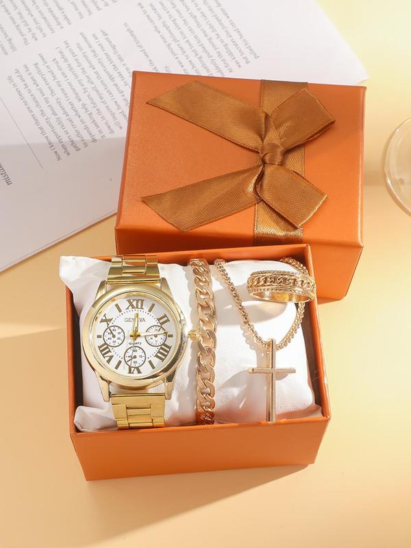 Women's Elegant Fashion Watch & Jewelry Set, Including Quartz Watch & Ring & Cross Pendant Necklace & Chain Bracelet, Trendy All-match & Exquisite Watch Set for Birthday Gift