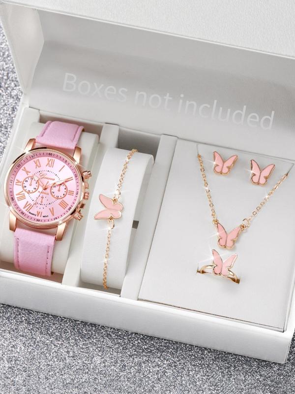 Women's Fashion Round Dial Pu Leather Strap Analog Quartz Watch (6pcs), with Butterfly Design Jewelry Set, without Box, Trendy All-match & Exquisite Watch for Birthday Gift